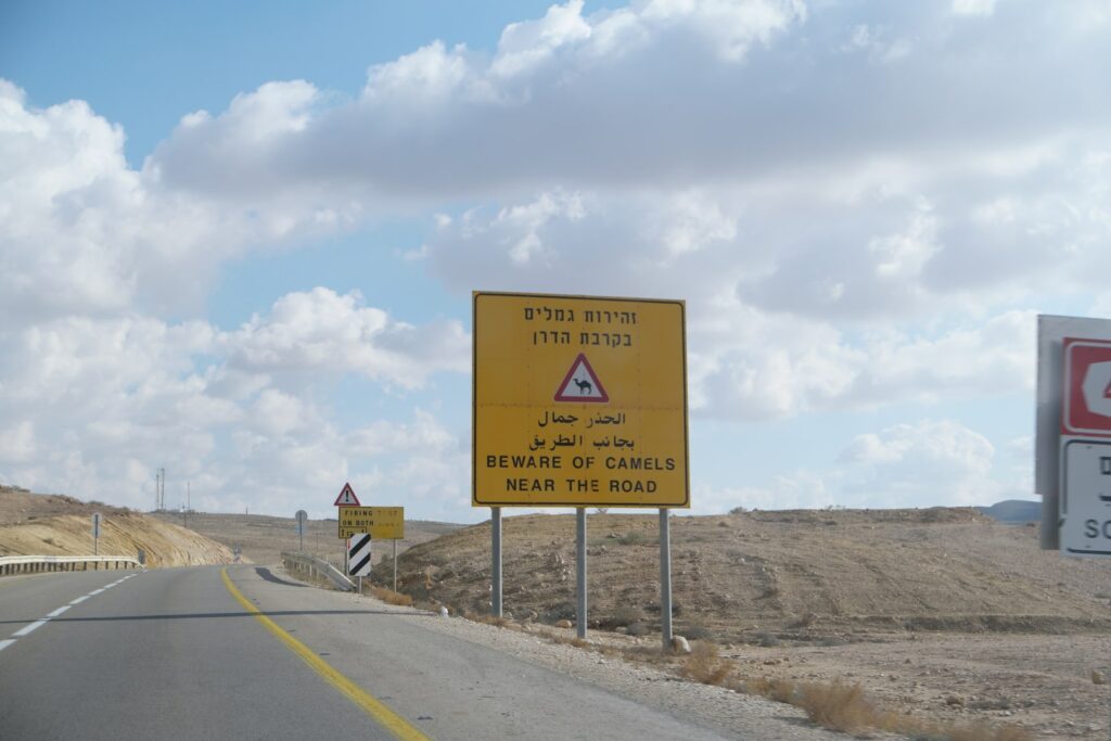 Schild "Achtung vor Kamelen" auf der Straße in Israel