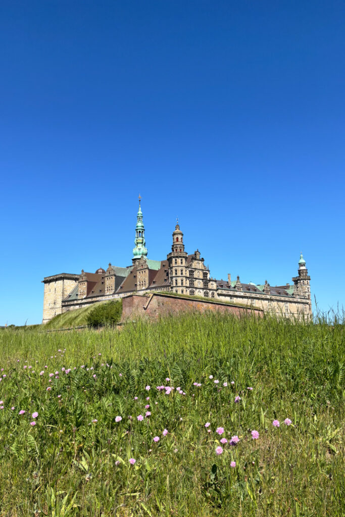 Ein großes Schloss hinter einer grünen Wiese und unter blauem Himmel