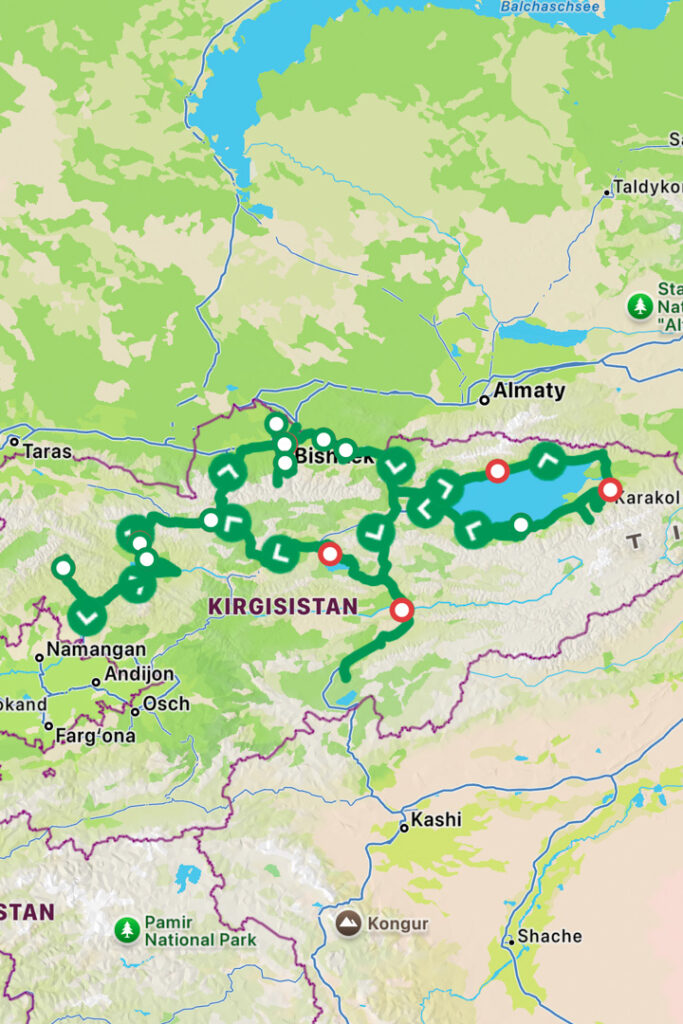 Karte mit einer Route durch Kirgistan