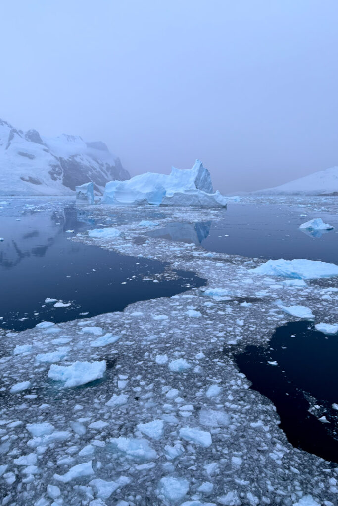 Eine weite, von dichtem Treibeis und kleinen Eisschollen bedeckte antarktische Meeresoberfläche, aus der im Hintergrund ein großer, hellblau leuchtender Eisberg aufragt, umgeben von nebligen, verschneiten Bergen