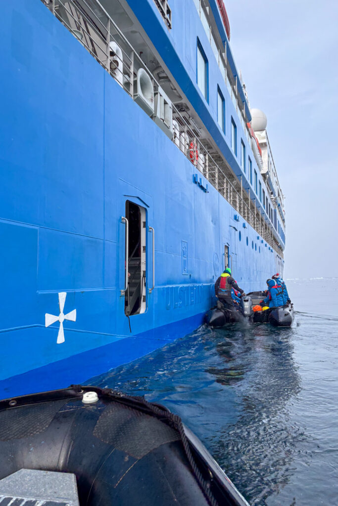 Ein großes, blaues Expeditionsschiff liegt im ruhigen Meer, während an einer geöffneten Luke in der Bordwand Passagiere in schwarzen Zodiac-Schlauchbooten aussteigen