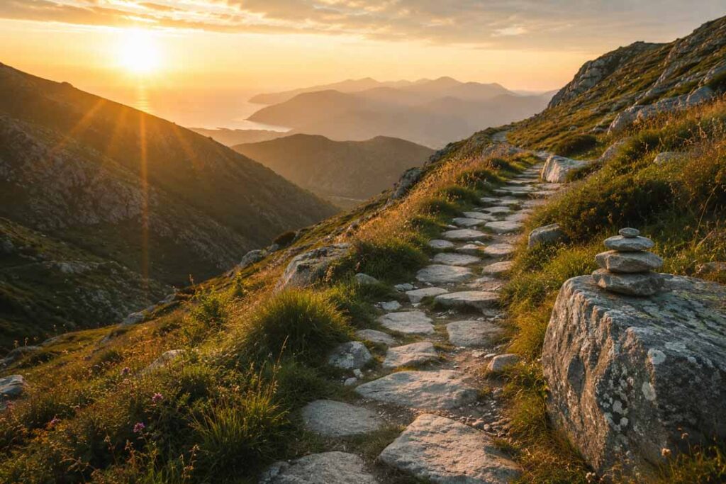 Ein Bild von einem Wanderweg mit Sonnenuntergang