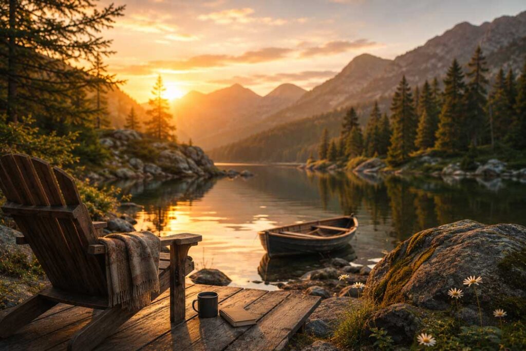 eine stille Landschaft am See mit Boot und Wald