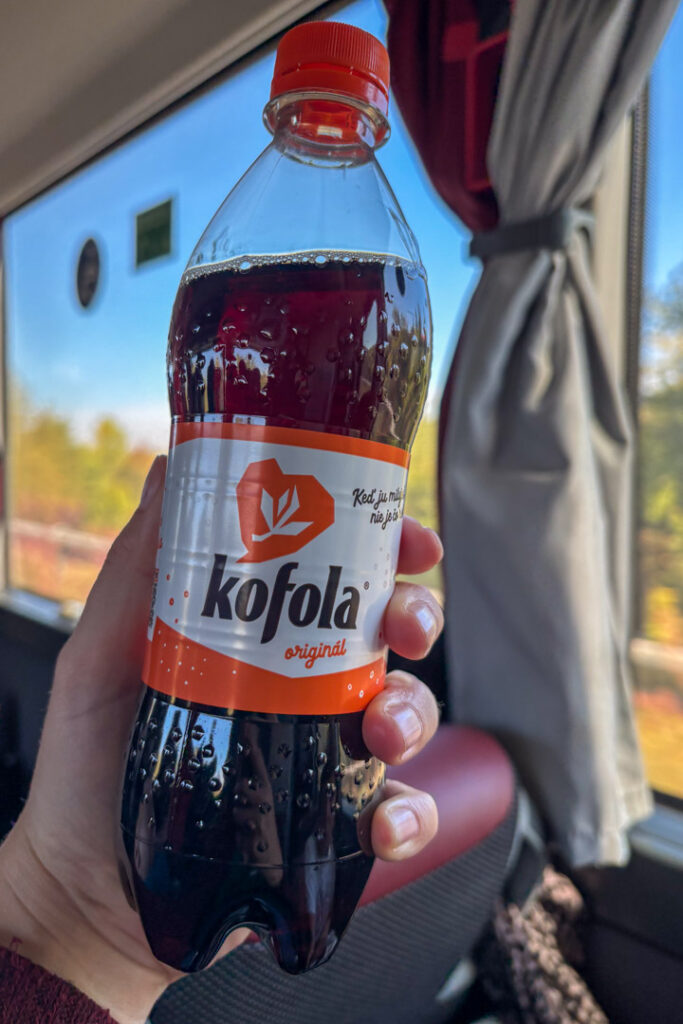 Eine Hand hält eine Flasche Kofola in die Höhe